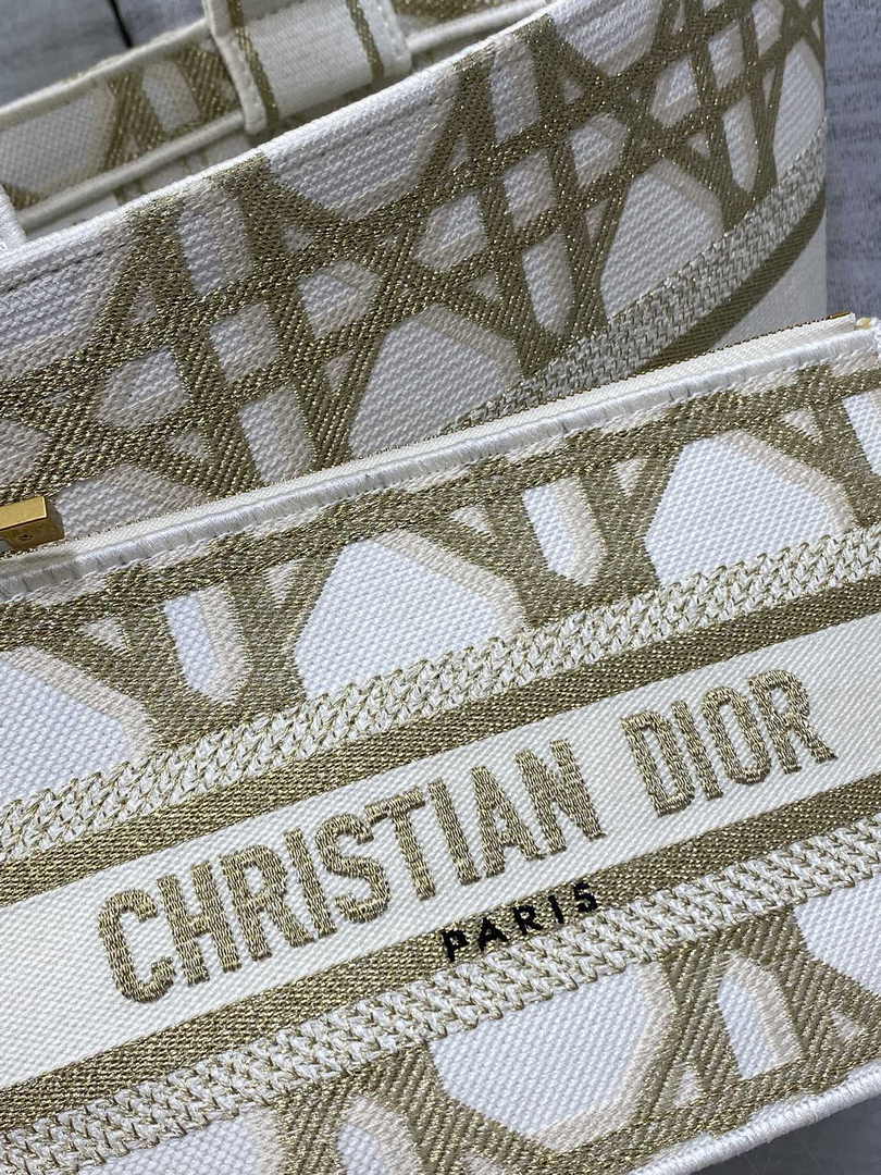 Dior Hat Basket Bag M1328 White and Gold-Tone Macrocannage Embroidery - Default Title - View 8