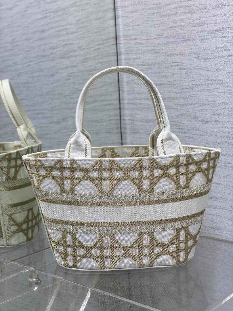 Dior Hat Basket Bag M1328 White and Gold-Tone Macrocannage Embroidery - Default Title - View 3