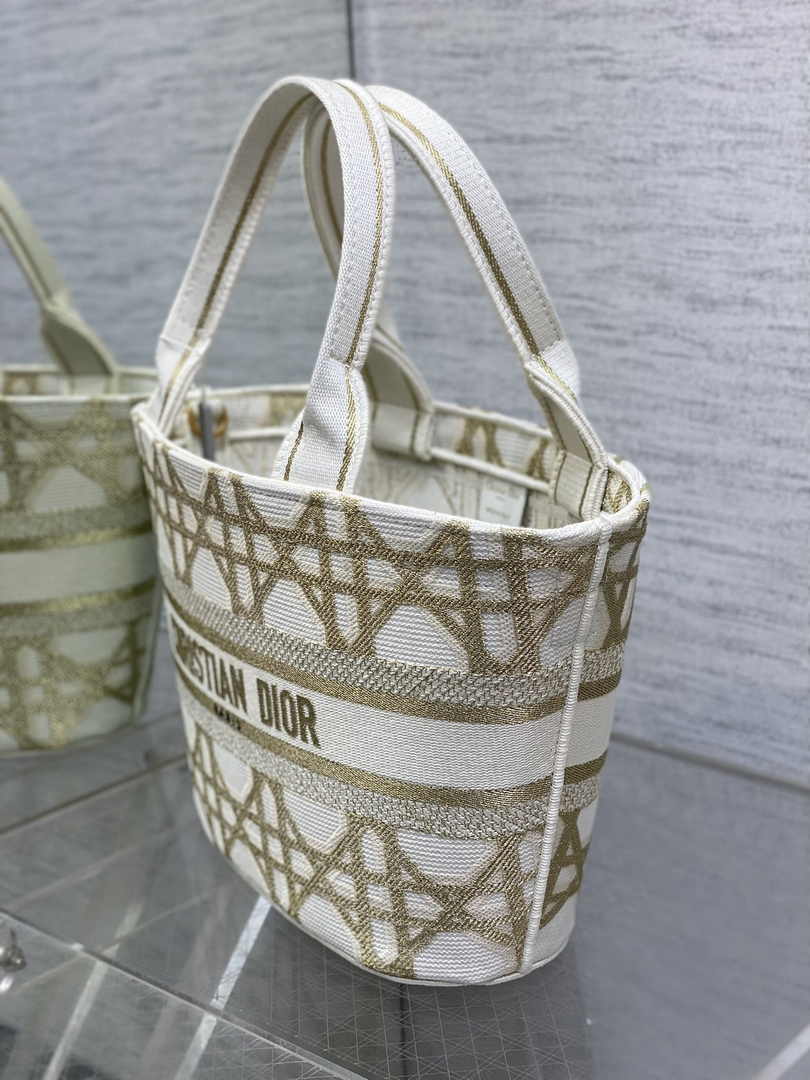 Dior Hat Basket Bag M1328 White and Gold-Tone Macrocannage Embroidery - Default Title - View 5