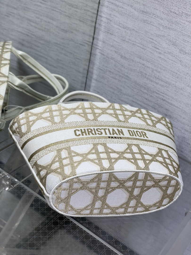 Dior Hat Basket Bag M1328 White and Gold-Tone Macrocannage Embroidery - Default Title - View 6