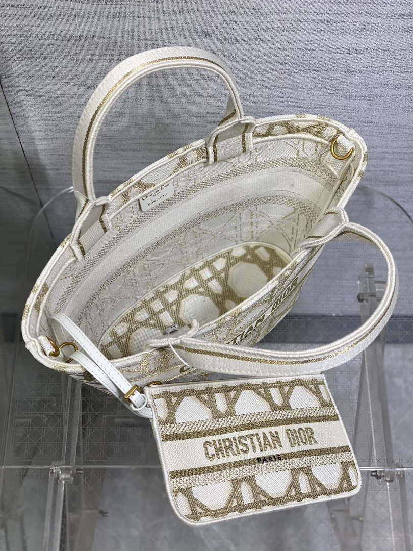 Dior Hat Basket Bag M1328 White and Gold-Tone Macrocannage Embroidery - Default Title - View 7