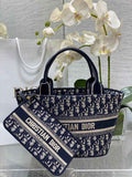 Dior Hat Basket Bag M1328 Ecru and Blue Dior Oblique Embroidery - Default Title - View 1