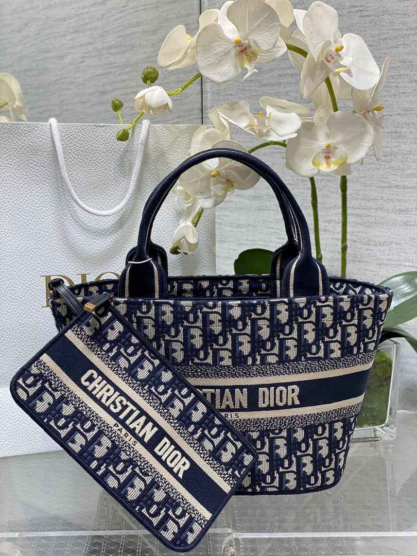 Dior Hat Basket Bag M1328 Ecru and Blue Dior Oblique Embroidery - Default Title - View 1
