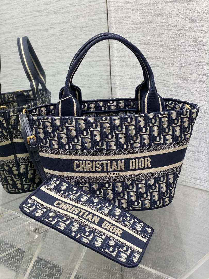 Dior Hat Basket Bag M1328 Ecru and Blue Dior Oblique Embroidery - Default Title - View 2