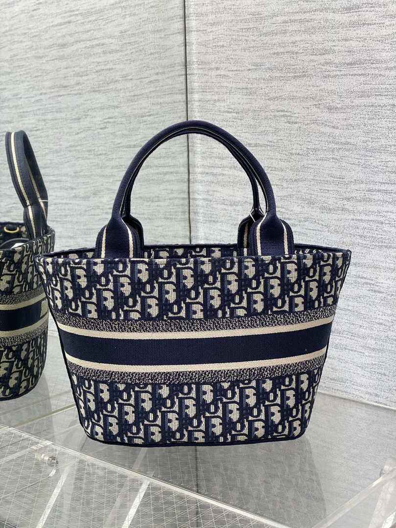 Dior Hat Basket Bag M1328 Ecru and Blue Dior Oblique Embroidery - Default Title - View 3