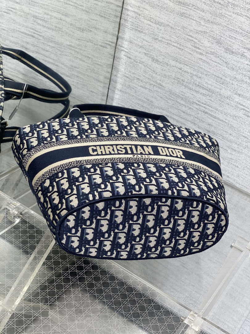 Dior Hat Basket Bag M1328 Ecru and Blue Dior Oblique Embroidery - Default Title - View 6
