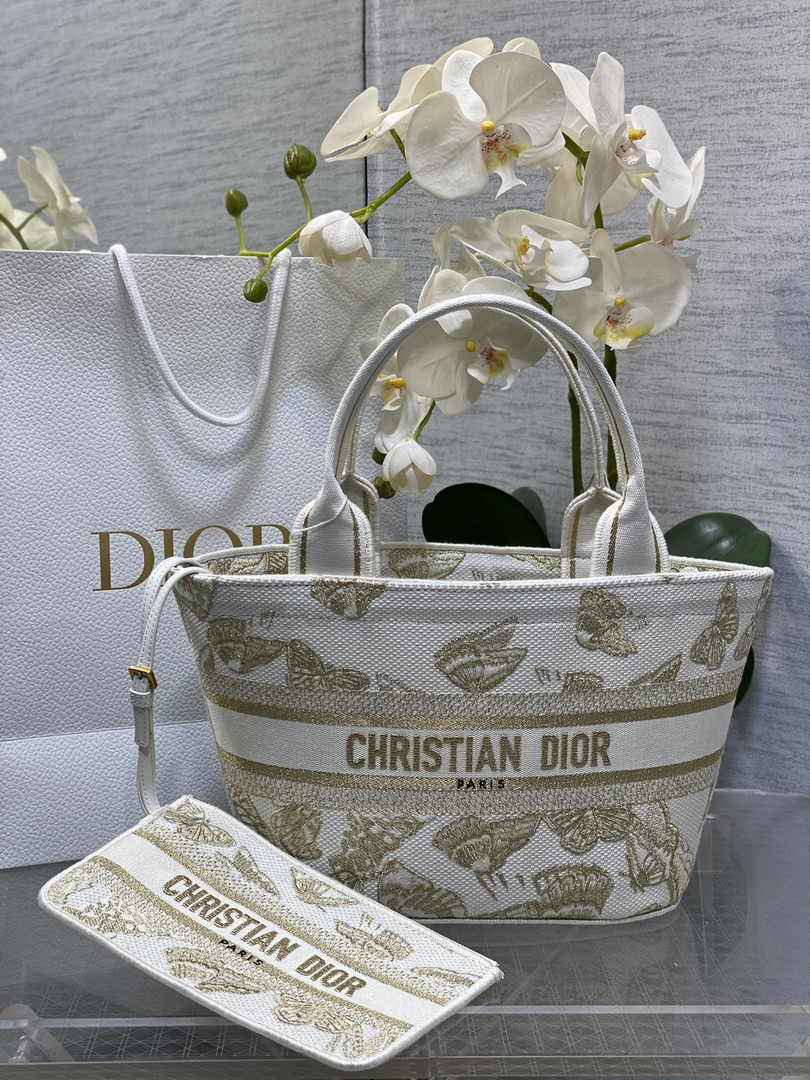Dior Hat Basket Bag M1328 White and Gold-Tone Butterfly Embroidery - Default Title - View 1