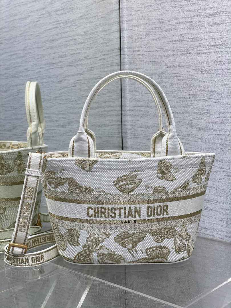 Dior Hat Basket Bag M1328 White and Gold-Tone Butterfly Embroidery - Default Title - View 4