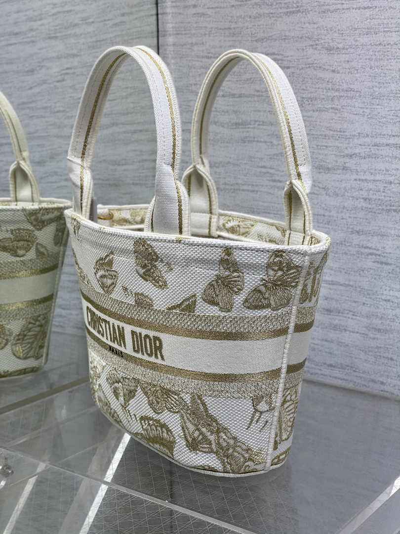 Dior Hat Basket Bag M1328 White and Gold-Tone Butterfly Embroidery - Default Title - View 5