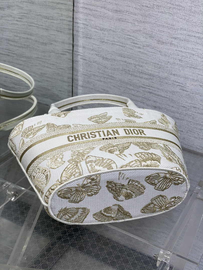 Dior Hat Basket Bag M1328 White and Gold-Tone Butterfly Embroidery - Default Title - View 6