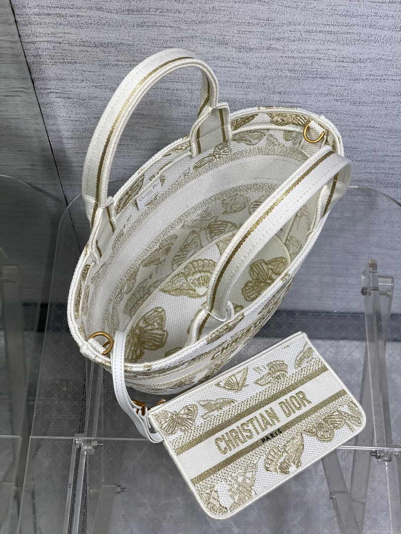 Dior Hat Basket Bag M1328 White and Gold-Tone Butterfly Embroidery - Default Title - View 7