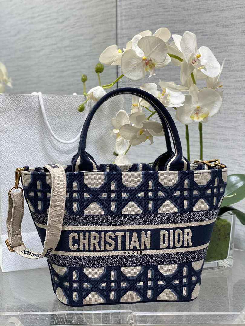 Dior Hat Basket Bag M1328 White and Blue Macrocannage Embroidery - Default Title - View 1