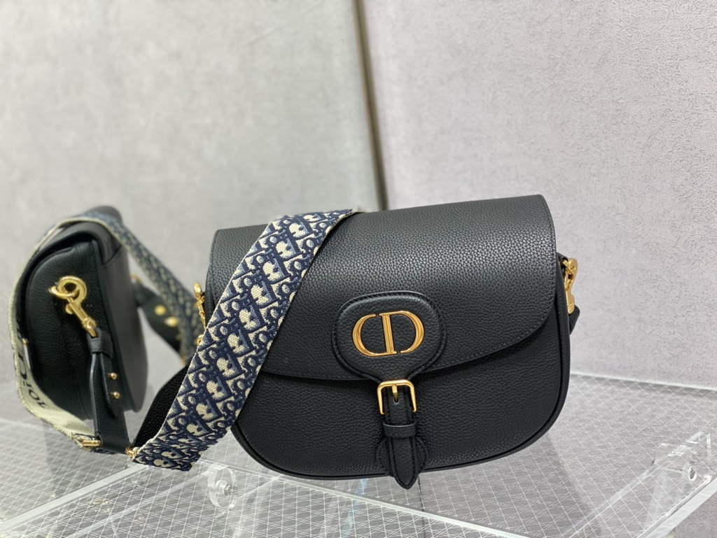 Dior Large Bobby Bag M9320 Black Grained Calfskin with Blue Strap - Default Title - View 1