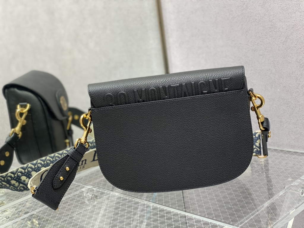 Dior Large Bobby Bag M9320 Black Grained Calfskin with Blue Strap