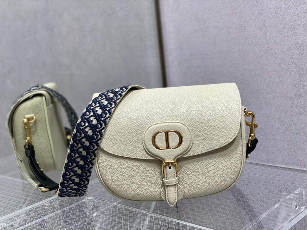 Dior Large Bobby Bag M9320 Beige Grained Calfskin with Blue Strap