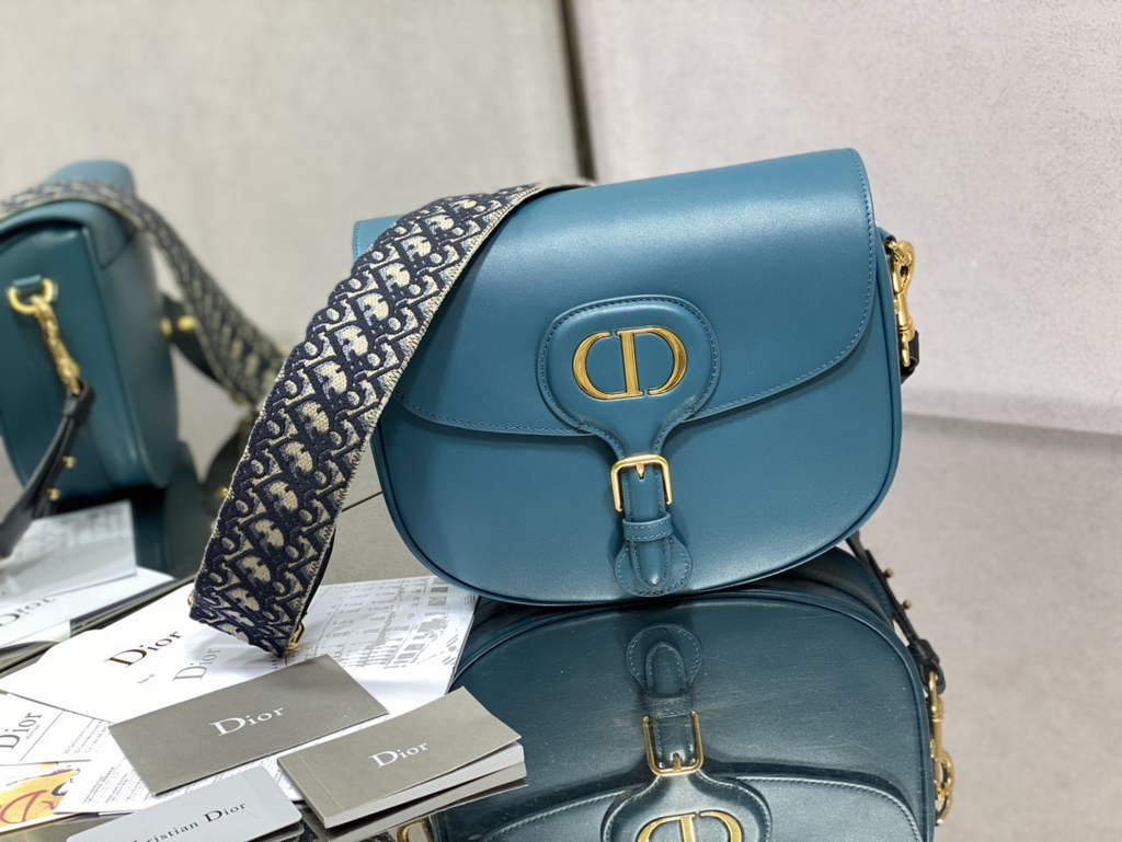 Dior Large Bobby Bag M9320 Dark Blue Box Calfskin with Blue Oblique Strap - Default Title - View 1