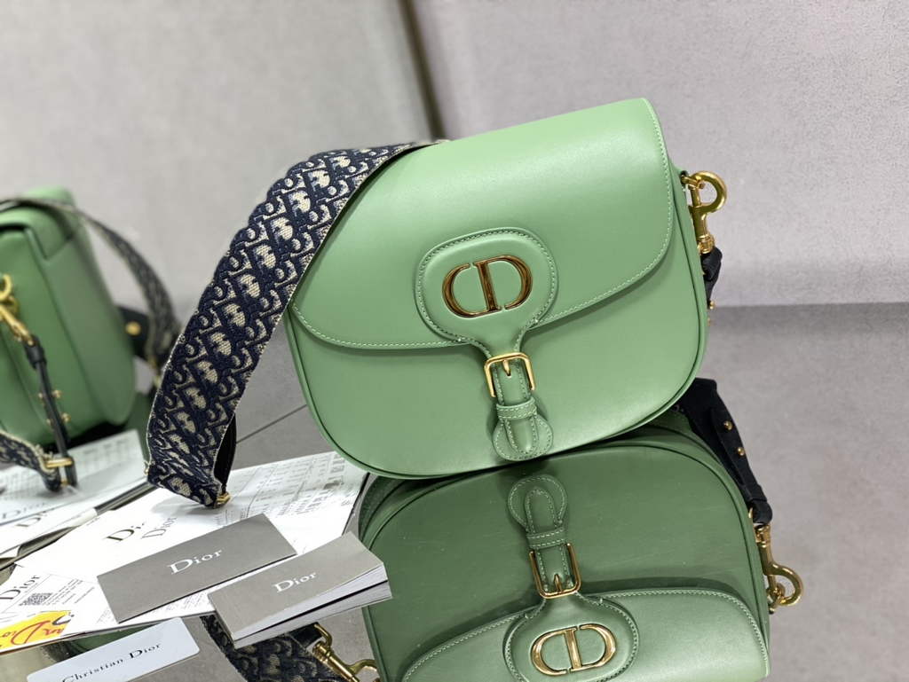 Dior Large Bobby Bag M9320 Green Box Calfskin with Blue Oblique Strap - Default Title - View 1