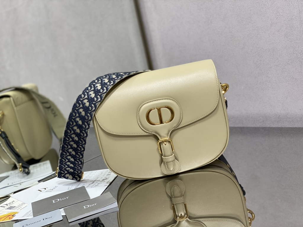 Dior Large Bobby Bag M9320 Beige Box Calfskin with Blue Oblique Strap - Default Title - View 1