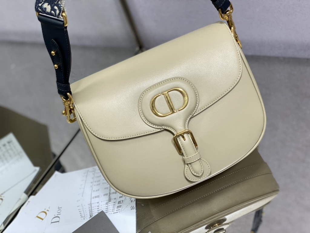 Dior Large Bobby Bag M9320 Beige Box Calfskin with Blue Oblique Strap - Default Title - View 2