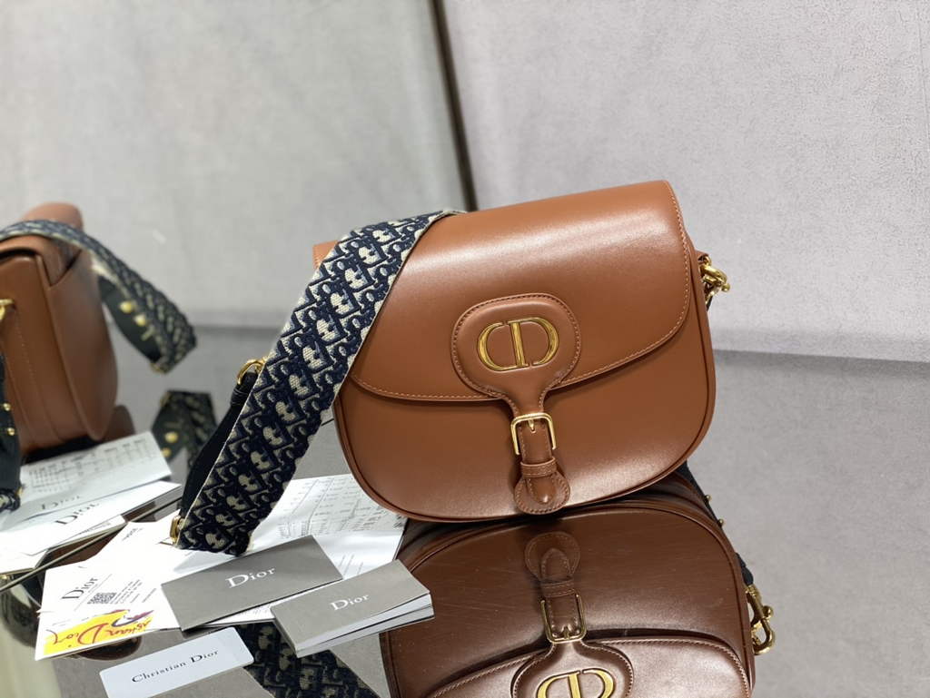 Dior Large Bobby Bag M9320 Brown Box Calfskin with Blue Oblique Strap - Default Title - View 1