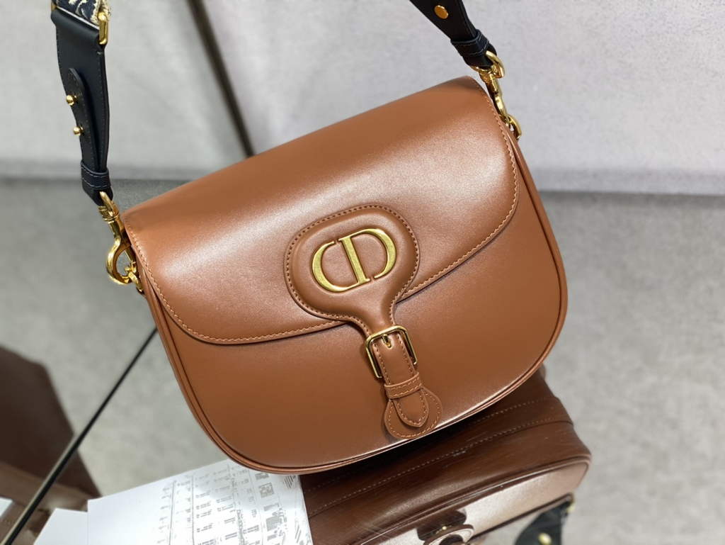 Dior Large Bobby Bag M9320 Brown Box Calfskin with Blue Oblique Strap - Default Title - View 2