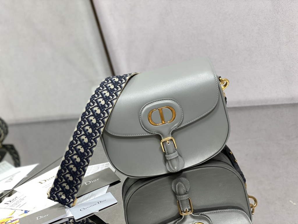 Dior Large Bobby Bag M9320 Gray Box Calfskin with Blue Oblique Strap - Default Title - View 1