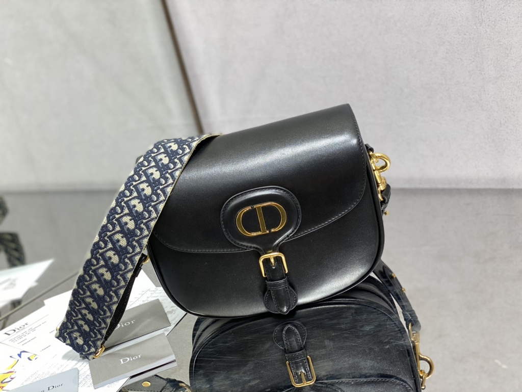 Dior Large Bobby Bag M9320 Black Box Calfskin with Blue Oblique Strap - Default Title - View 1