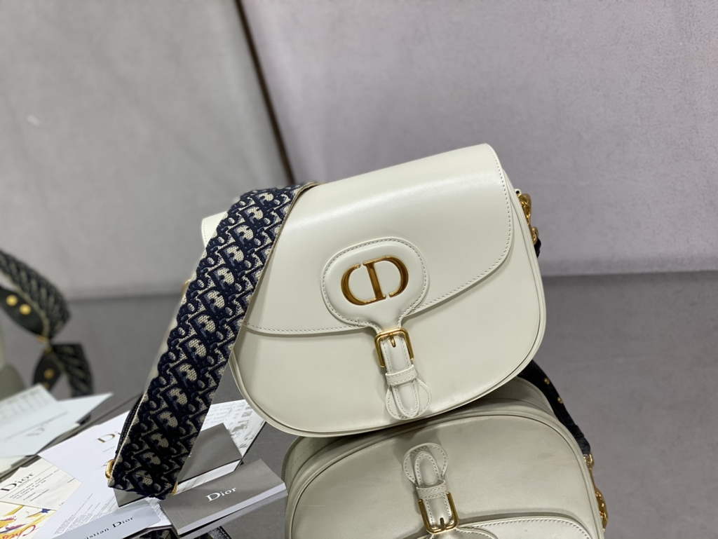 Dior Large Bobby Bag M9320 White Box Calfskin with Blue Oblique Strap - Default Title - View 1
