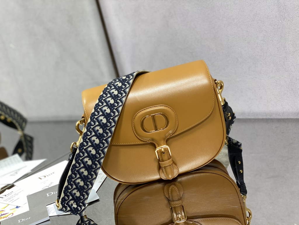Dior Large Bobby Bag M9320 Tan Box Calfskin with Blue Oblique Strap - Default Title - View 1