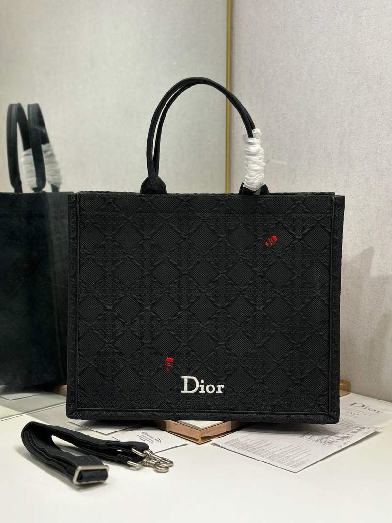 Dior Large Book Tote – Black Raffia-Effect Cannage Embroidery - Default Title - View 2