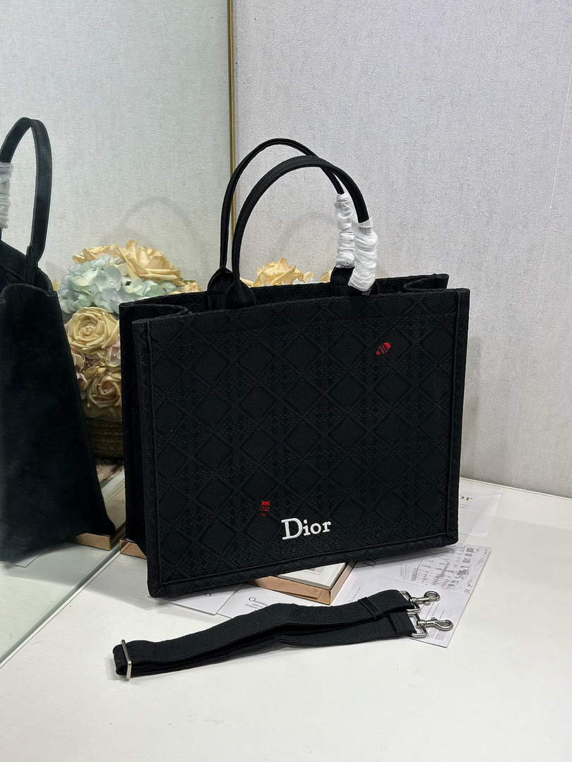 Dior Medium Book Tote with Strap – Black Raffia-Effect Cannage Embroidery - Default Title - View 2