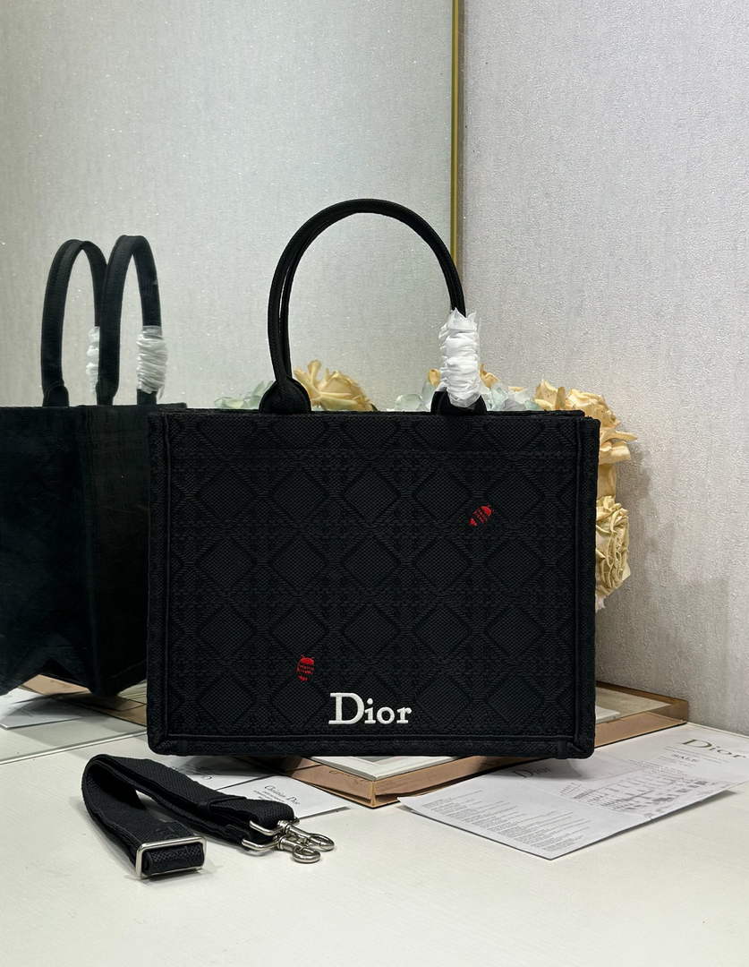 Dior Medium Book Tote with Strap – Black Raffia-Effect Cannage Embroidery - Default Title - View 3