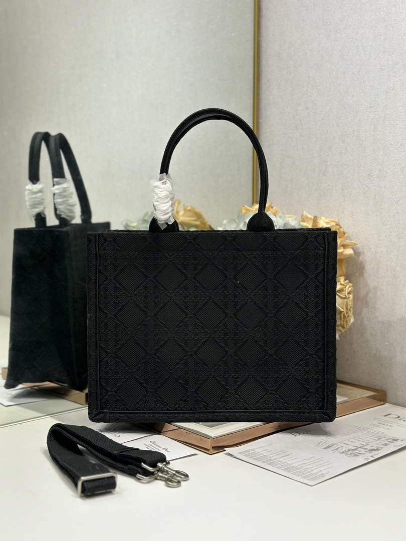 Dior Medium Book Tote with Strap – Black Raffia-Effect Cannage Embroidery - Default Title - View 4