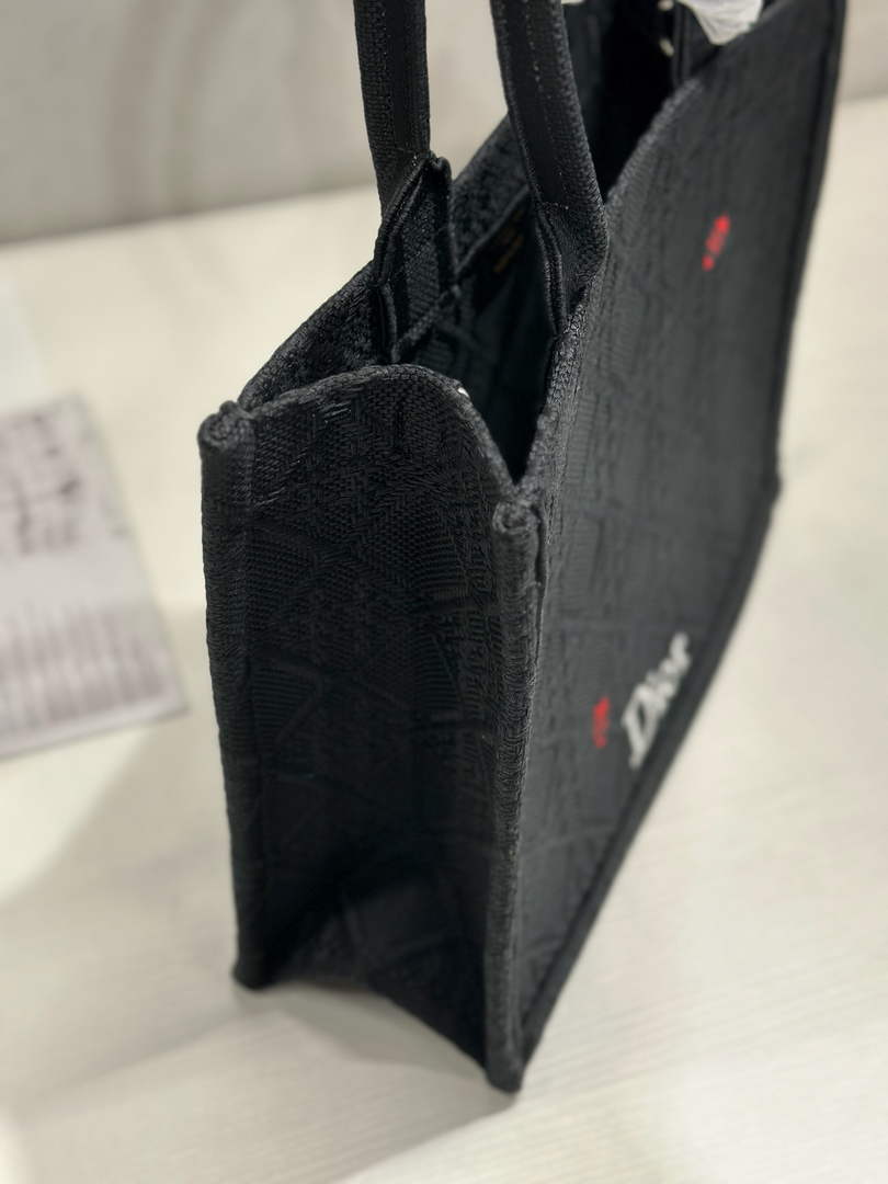 Dior Medium Book Tote with Strap – Black Raffia-Effect Cannage Embroidery - Default Title - View 5