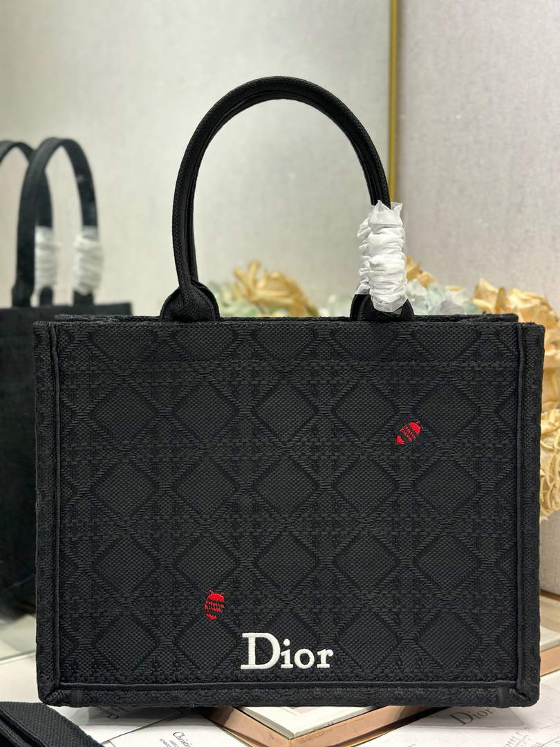 Dior Medium Book Tote with Strap – Black Raffia-Effect Cannage Embroidery - Default Title - View 1