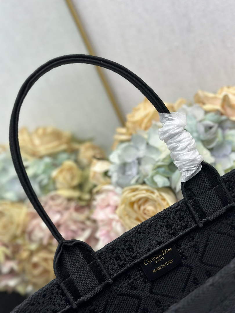 Dior Medium Book Tote with Strap – Black Raffia-Effect Cannage Embroidery - Default Title - View 7