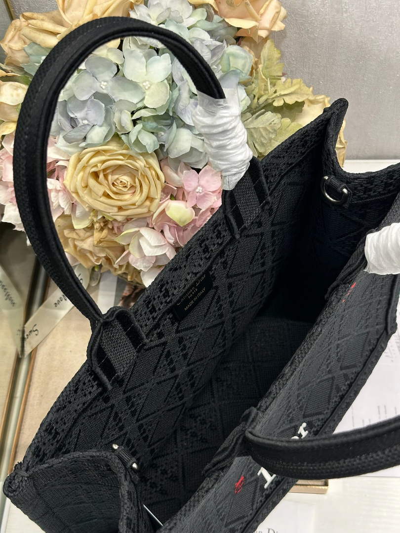Dior Medium Book Tote with Strap – Black Raffia-Effect Cannage Embroidery - Default Title - View 8