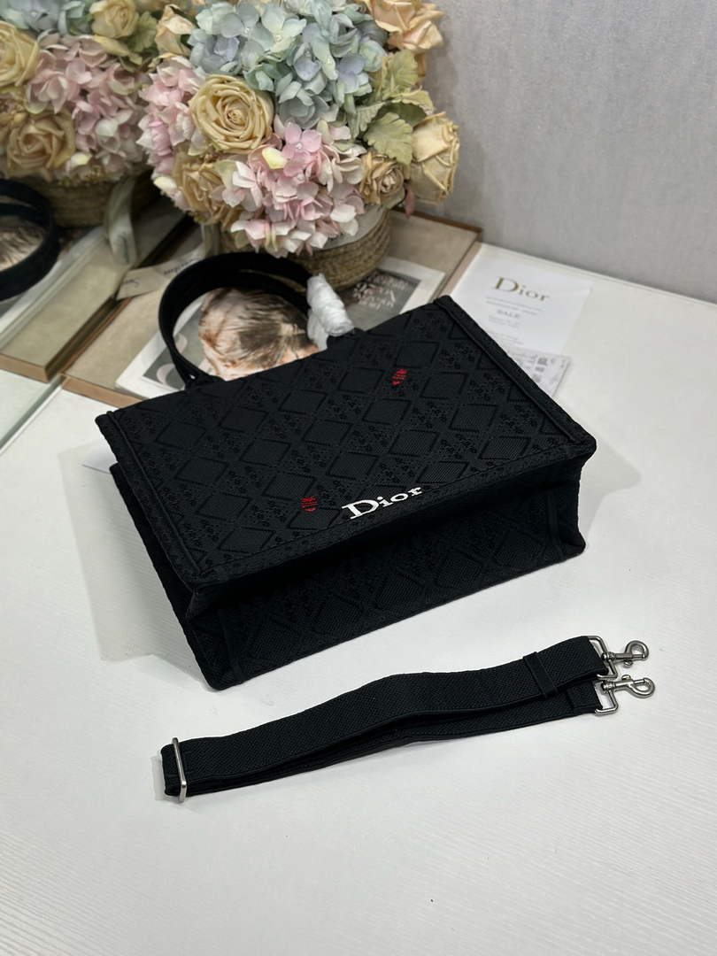Dior Medium Book Tote with Strap – Black Raffia-Effect Cannage Embroidery - Default Title - View 10