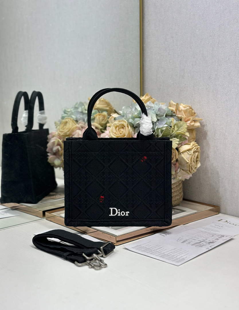 Small Dior Book Tote with Strap - Black Raffia-Effect Cannage Embroidery - Default Title - View 1