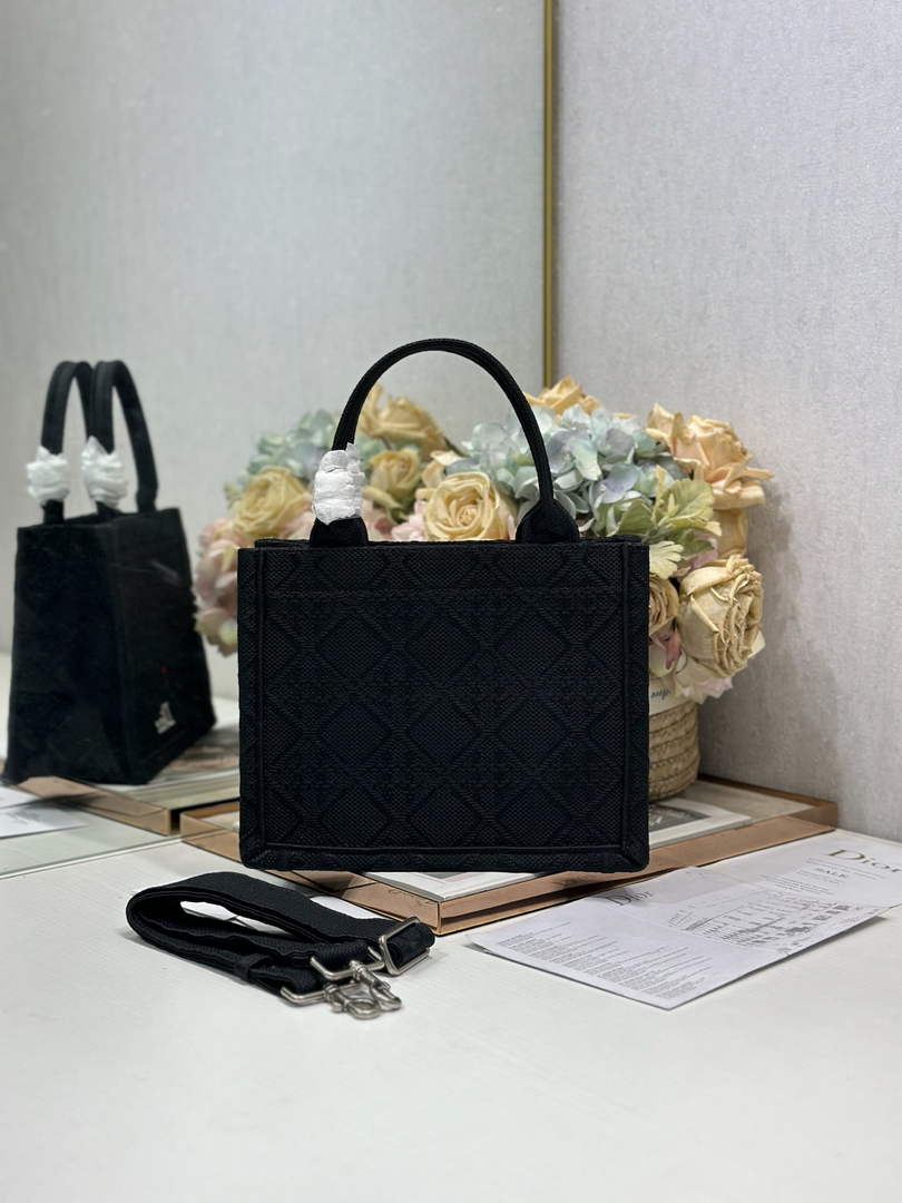 Small Dior Book Tote with Strap - Black Raffia-Effect Cannage Embroidery - Default Title - View 2
