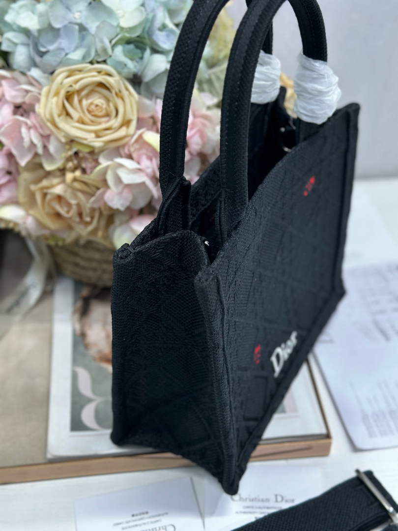 Small Dior Book Tote with Strap - Black Raffia-Effect Cannage Embroidery - Default Title - View 3