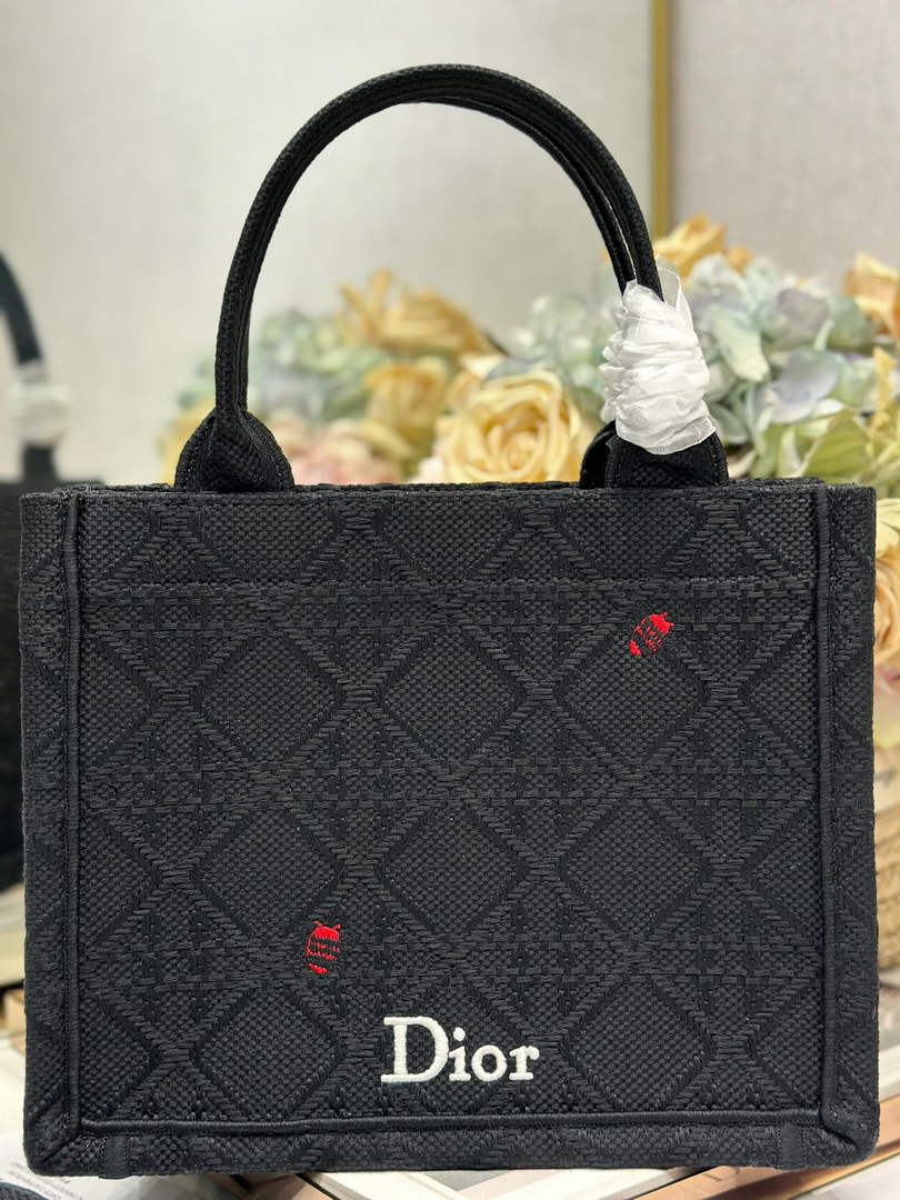 Small Dior Book Tote with Strap - Black Raffia-Effect Cannage Embroidery - Default Title - View 4