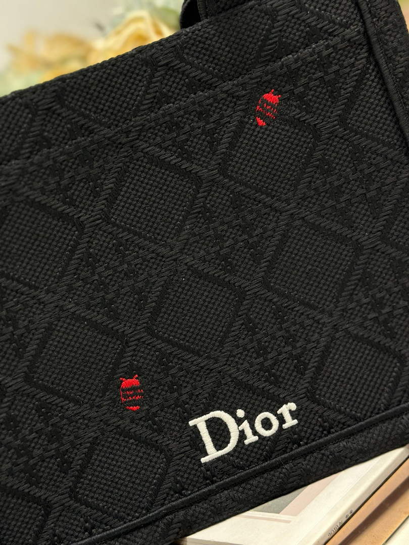 Small Dior Book Tote with Strap - Black Raffia-Effect Cannage Embroidery - Default Title - View 5