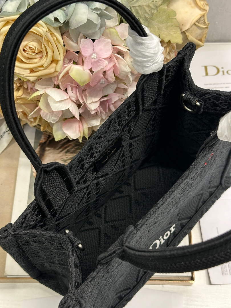 Small Dior Book Tote with Strap - Black Raffia-Effect Cannage Embroidery - Default Title - View 7