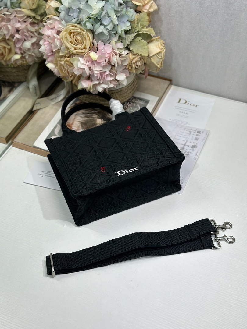 Small Dior Book Tote with Strap - Black Raffia-Effect Cannage Embroidery - Default Title - View 9