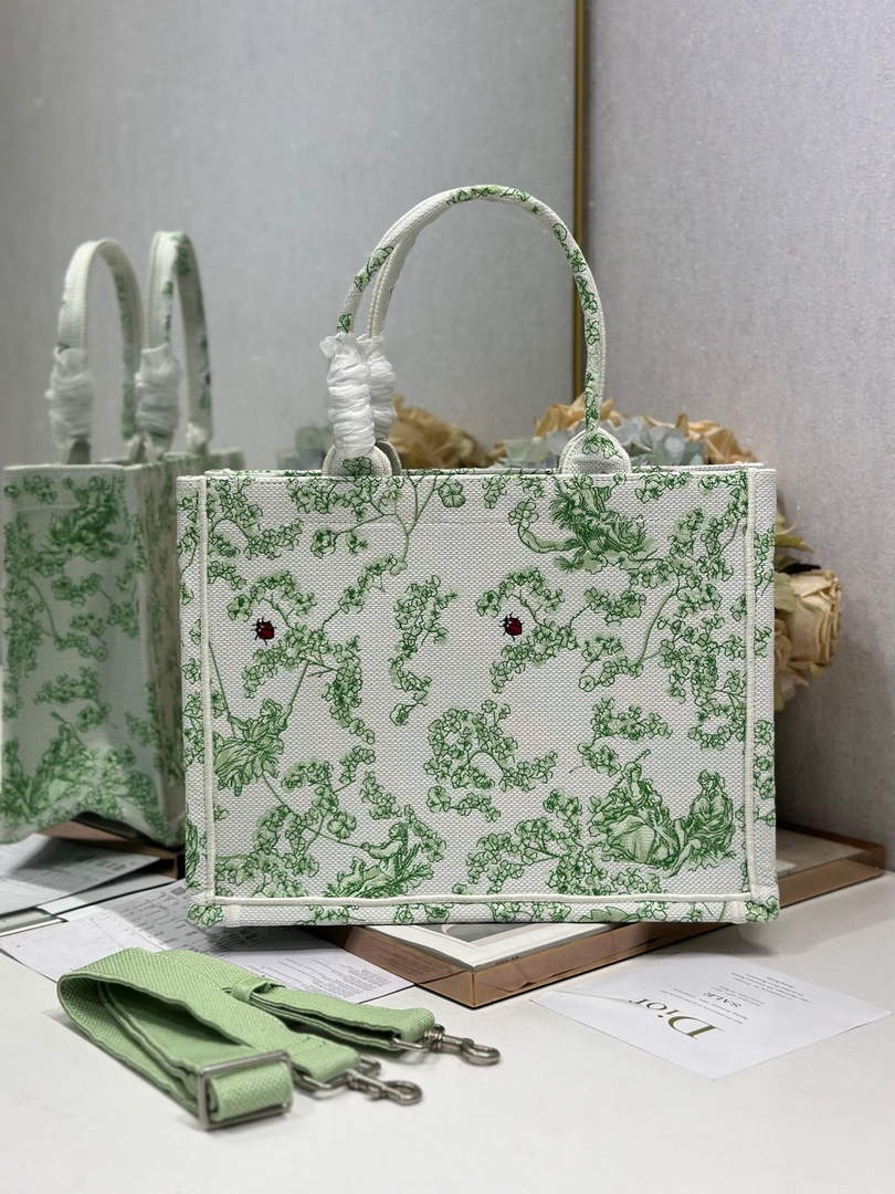 Dior Medium Book Tote – Green Clover Toile de Jouy – with Strap - Default Title - View 4