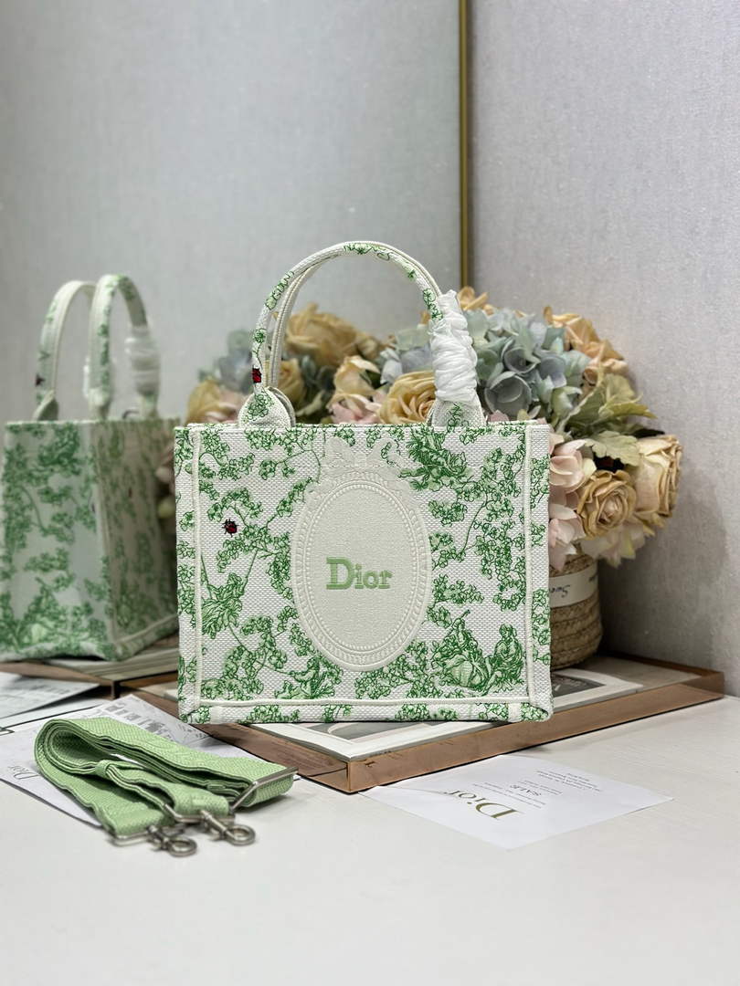 Small Dior Book Tote with Strap – Green Clover Toile de Jouy - Default Title - View 1