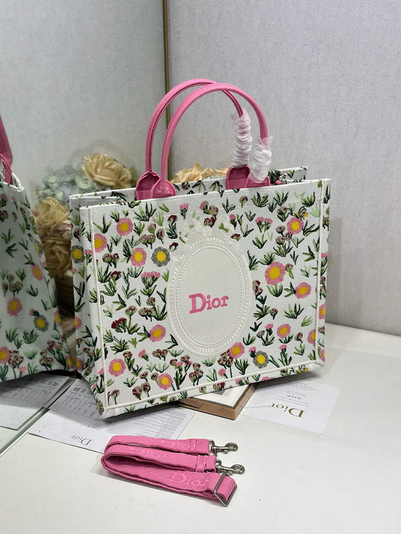 Dior Medium Book Tote – White Daisy Garden Embroidery – with Strap - Default Title - View 2