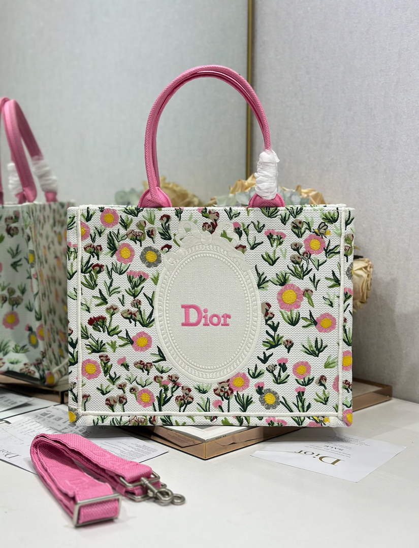 Dior Medium Book Tote – White Daisy Garden Embroidery – with Strap - Default Title - View 3