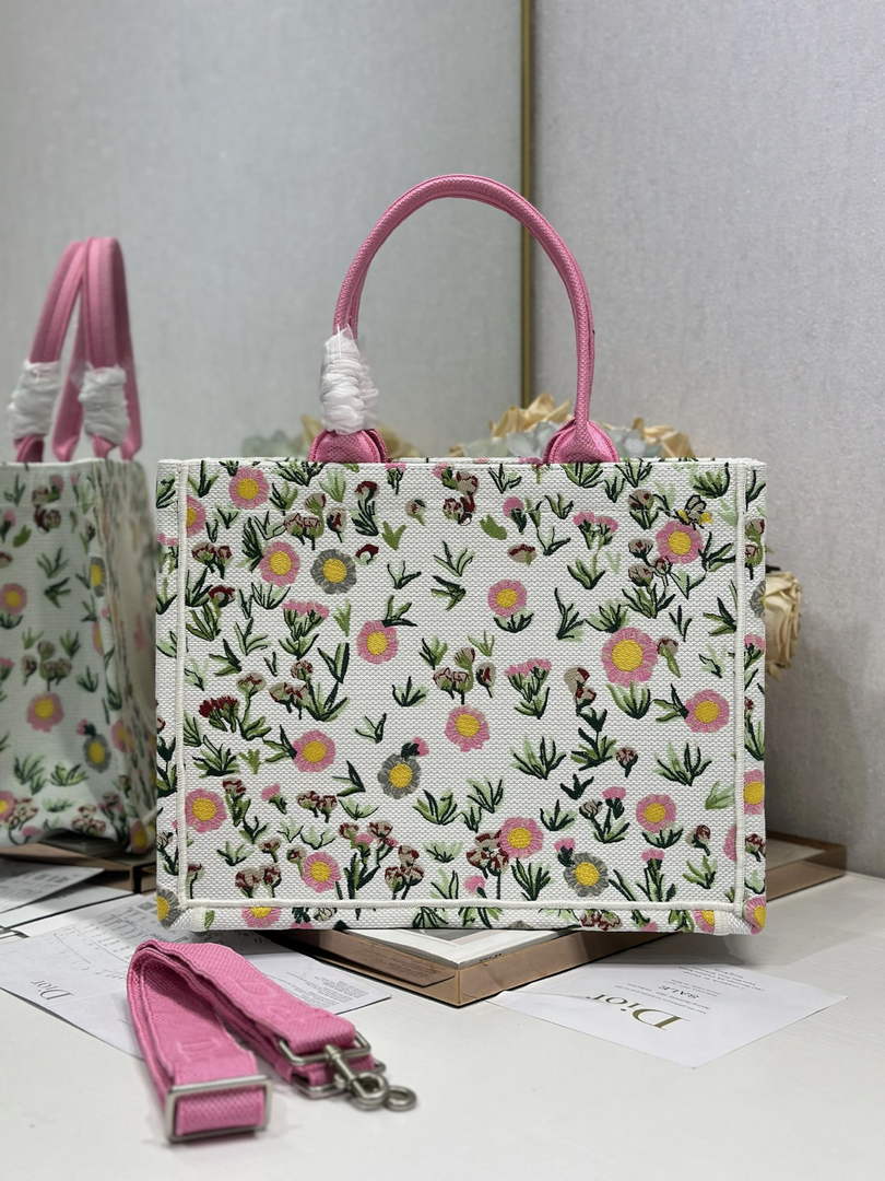Dior Medium Book Tote – White Daisy Garden Embroidery – with Strap - Default Title - View 4